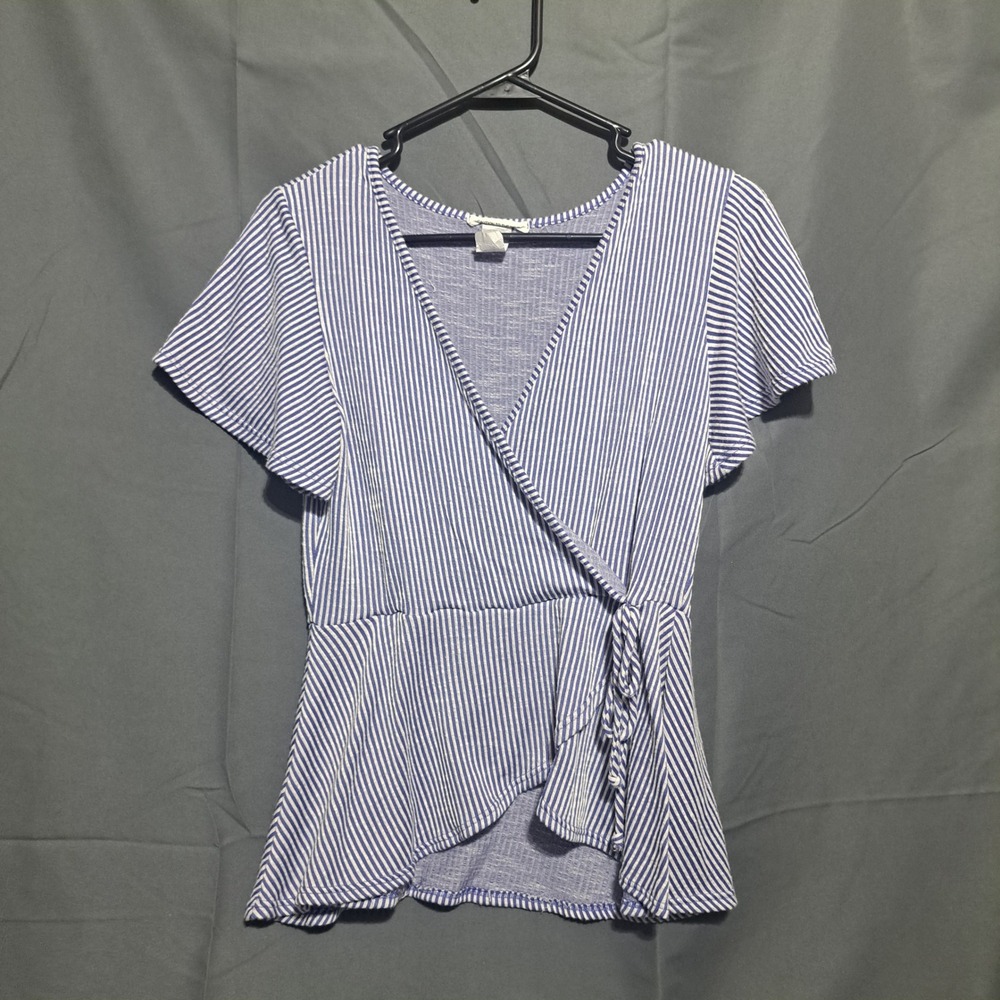 Caution To The Wind M Tie Front Peplum Top Flutter Sleeve Blue White Stripe Chic